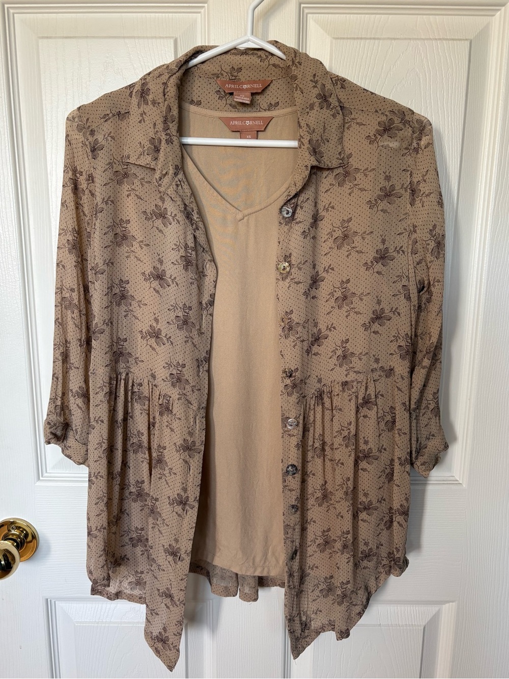 April Cornell Floral Sheer Brown Tunic Shirt & Camisole Set Extra Small XS
